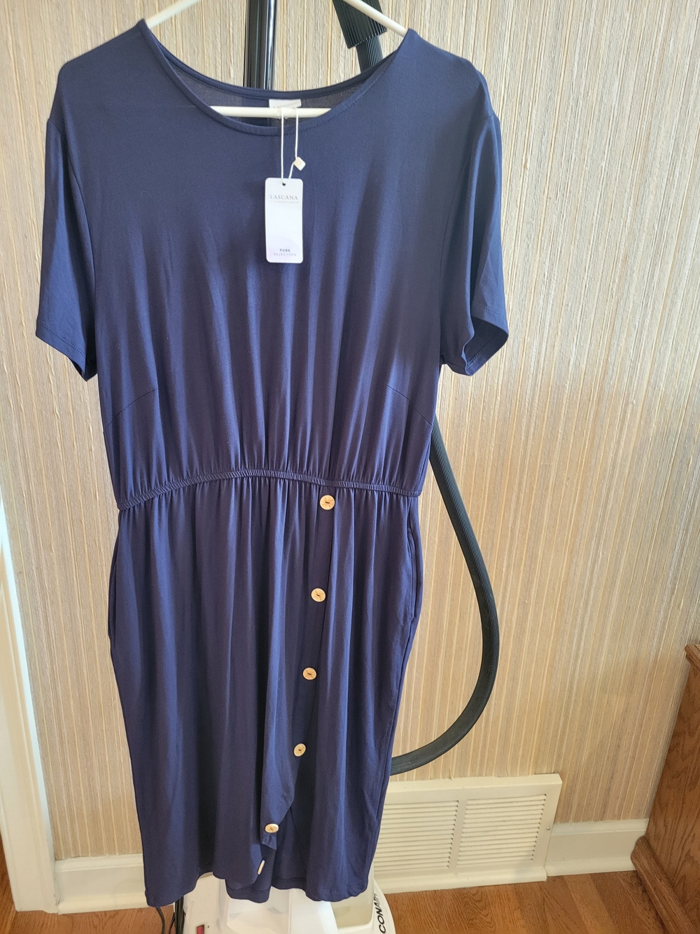 Navy Short-Sleeve Midi Dress with Button Trim NWT Size 12